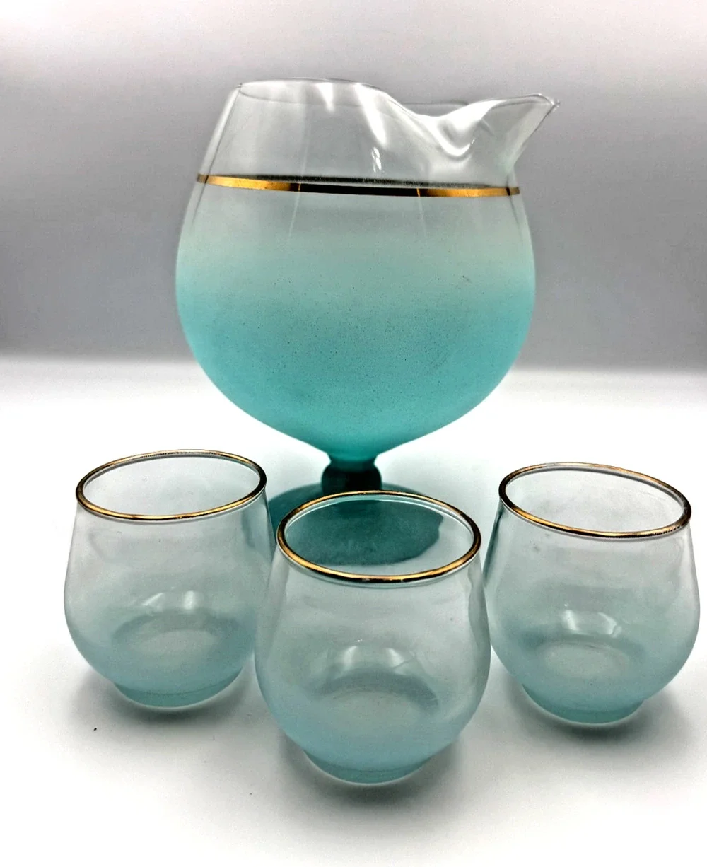 Vintage WV Blendo Cocktail Set Pitcher Snifter Roly Poly Glasses Aqua Gold Trim